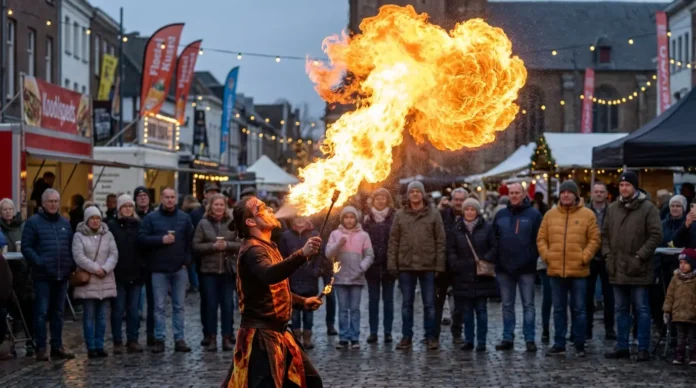 Artiste cracheur de feu réalisant un spectacle avec une immense flamme lors d'un festival en plein air