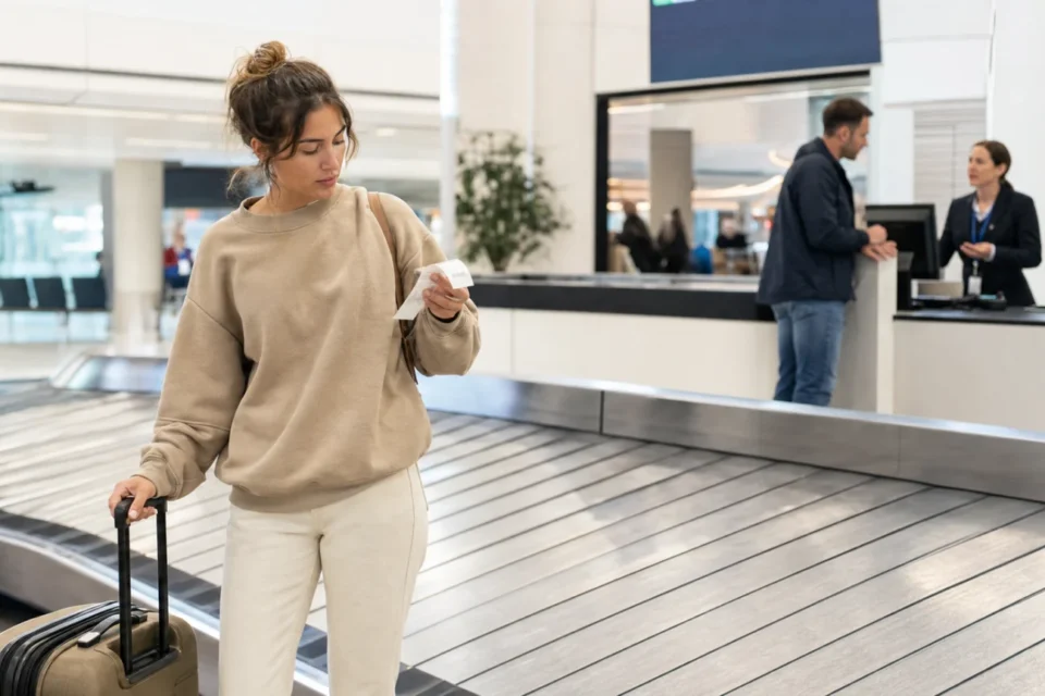 Voyageuse vérifiant son étiquette devant un tapis à bagages