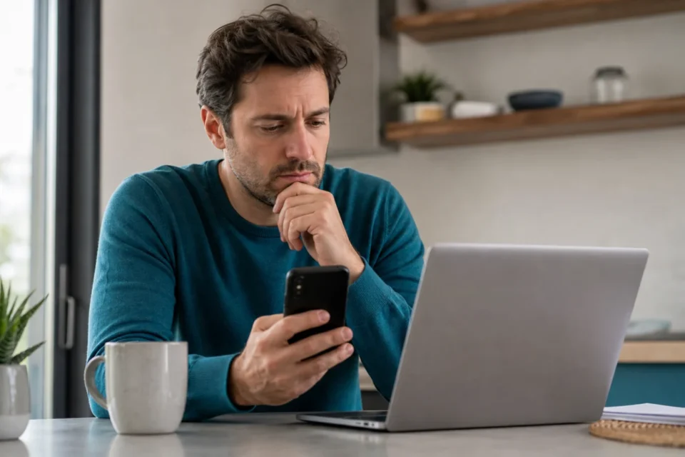 Personne vérifiant un SMS suspect sur son téléphone